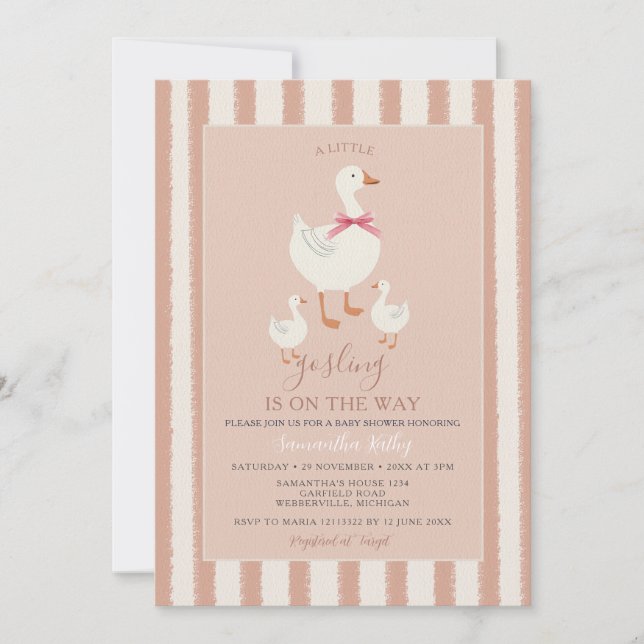 Dusty Rosa Stripe Cute Little Gosling Baby Shower Inbjudningar (Framsida)