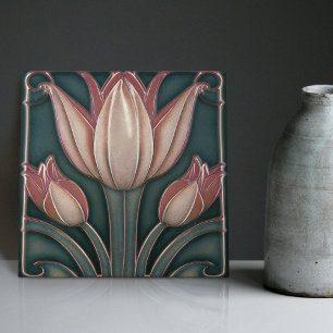 Dusty Rosa Tulips on Blue Symmetric Art nouveau Kakelplatta