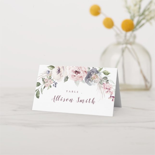 Dusty rosa vattencolor blommigt rustic boho bröllo placeringskort (Framsida)