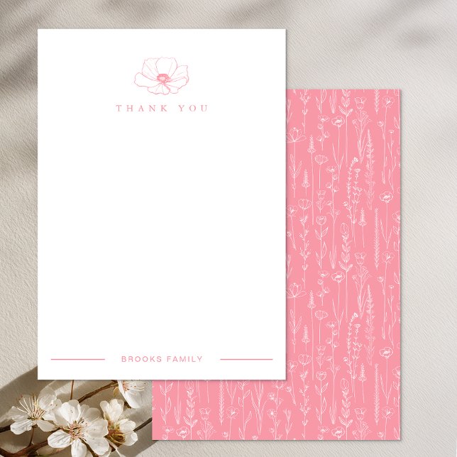 Dusty Rosa Vildblomma Bebis Shower Tackkort Tack Kort (Pink Blank Thank You Card)