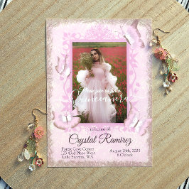 Dusty Rosa, Vintage Butterfly Quinceanera Inbjudan