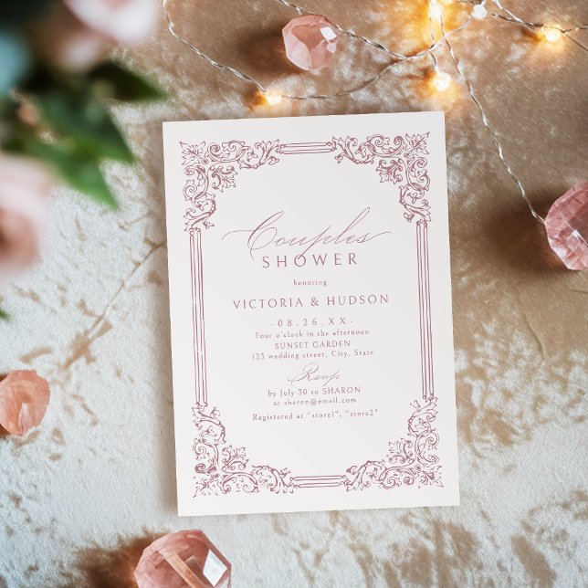 Dusty Rosa Vintage Ram Elegant Par Shower Inbjudningar (Dusty Pink Vintage Frame Elegant Couples Shower Invitation)