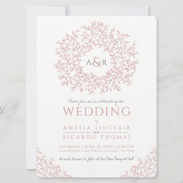 Dusty rosa vit hand plockade löv monogram bröllop inbjudningar