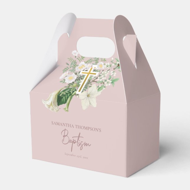 Dusty Rosa White Blommigt Religiösa Kor Baptism Presentaskar (Framsidan Sidan)