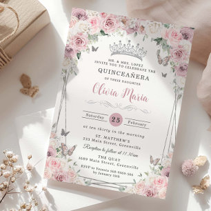Dusty Rosa White Blommigt Silver Quinceañera Inbjudningar