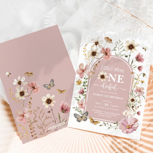 Dusty Rosa Wildblomfröken Onederful 1:a födelsedag Inbjudningar (Skapare uppladdad)