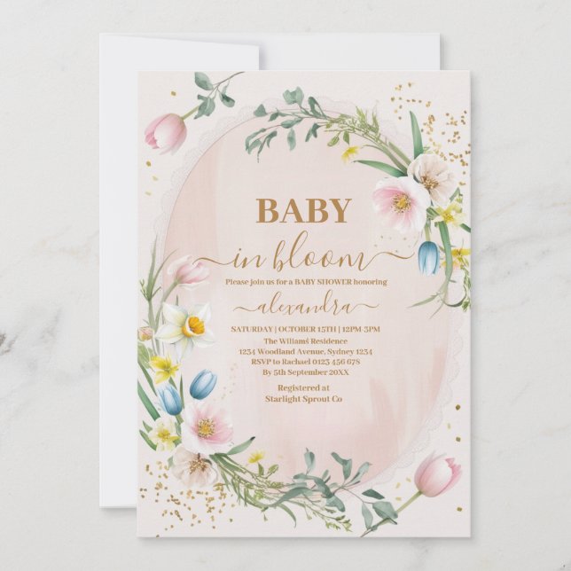 Dusty Rosa Wildblomma Baby in Bloom Girl Shower Inbjudningar (Framsida)
