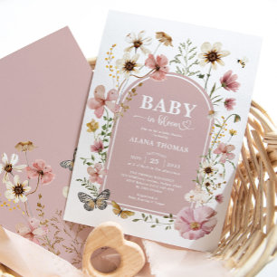 Dusty Rosa Wildblomma Baby in Bloom Girl Shower Inbjudningar