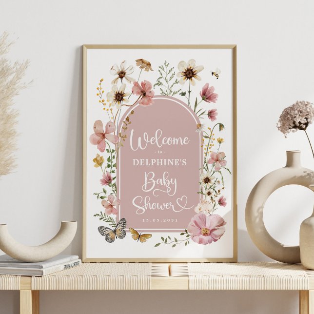 Dusty Rosa Wildblomma Baby in Bloom Shower Välkomm Poster (Skapare uppladdad)