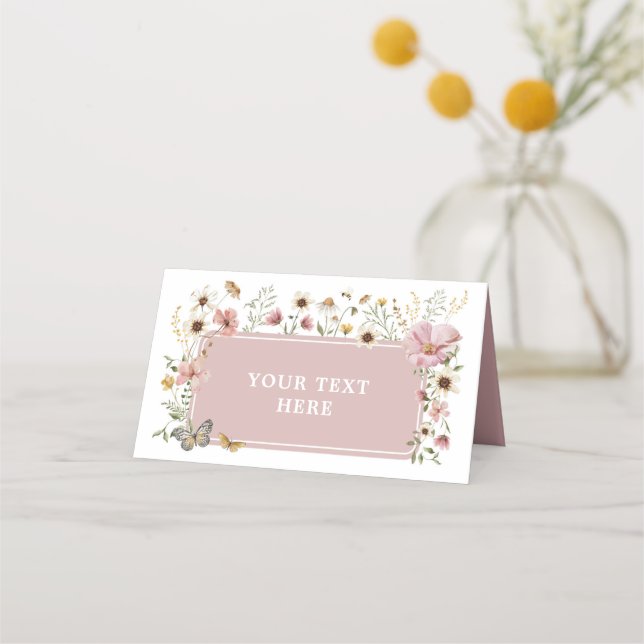 Dusty Rosa Wildblomma Birthday Food Label Placeringskort (Framsida)