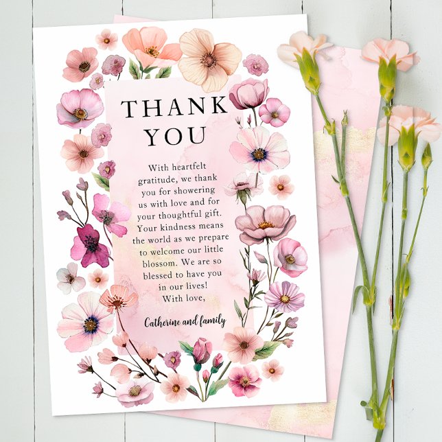 Dusty Rosa Wildblomma - tack för ditt kort - Boho  (Floral Thank You Flat Card)