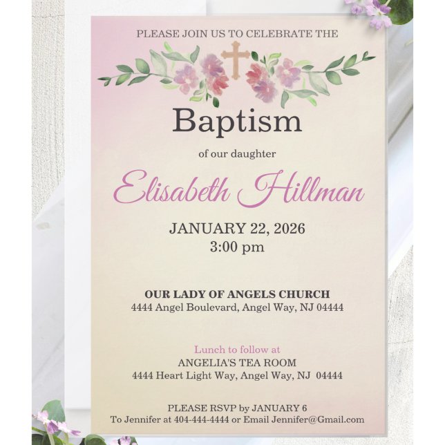 Dusty Rose & Antique Yellow Watercolor Baptism Inbjudningar (Baby girl baptism invitation styled on soft white fabric with delicate blush florals.)