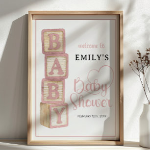 Dusty Rose Baby Blocks Baby Shower Välkomstaffisch Poster