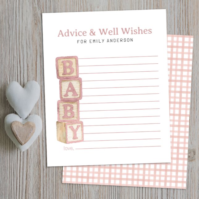 Dusty Rose Baby Blocks Råd & Lycka önskar kort (Advice & Well Wishes Baby Shower Activity)