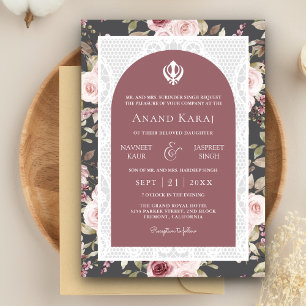 Dusty Rose Blommig Anand Karaj Punjabi Sikh Bröllo Inbjudningar