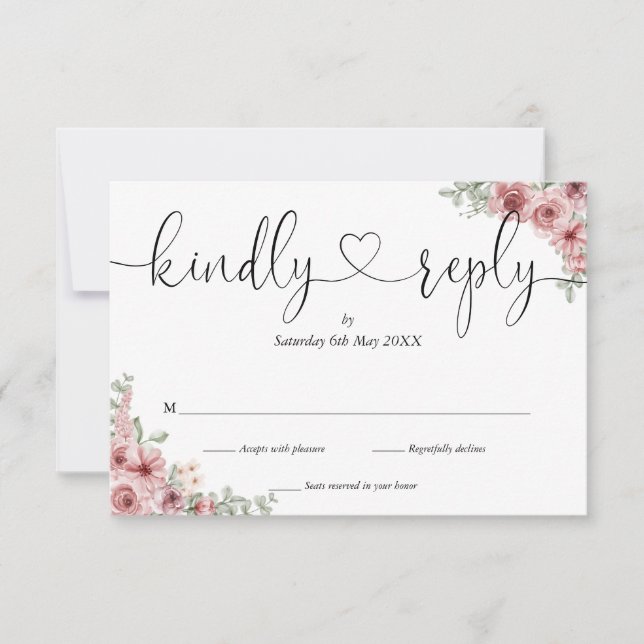 Dusty Rose Blommig Chic Script Hjärtligt Svara OSA Kort (Framsida)