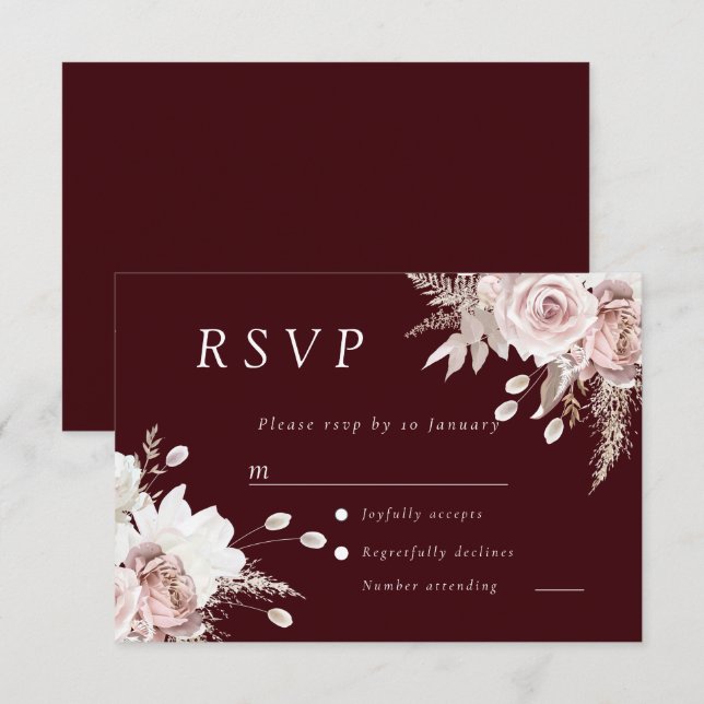 Dusty Rose Blush Floral Wedding Deep Burgundy OSA Kort (Fram/baksida)