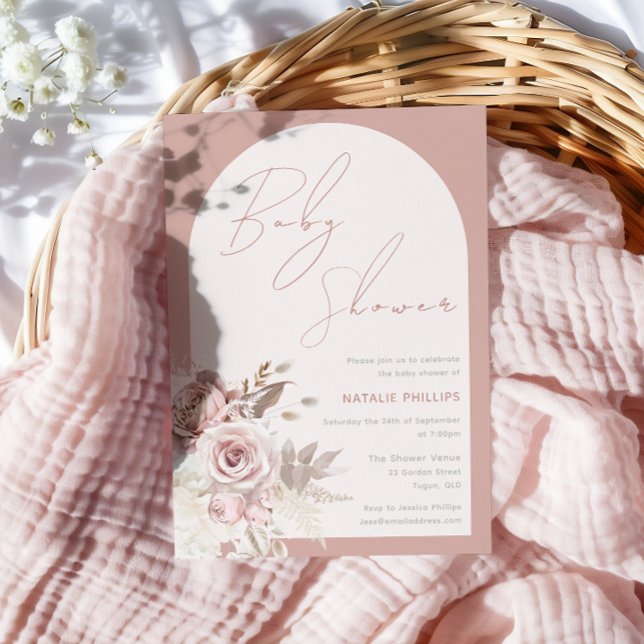 Dusty Rose Boho Båge Blush Blommig Babyfirande Inbjudningar (Skapare uppladdad)