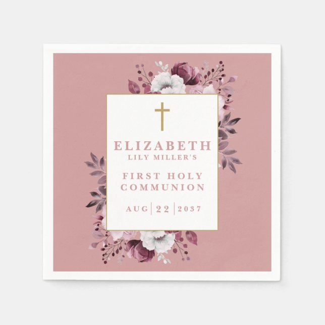 Dusty Rose Boho Blommig Modern Första Kommunion Pappersservett (Framsidan)