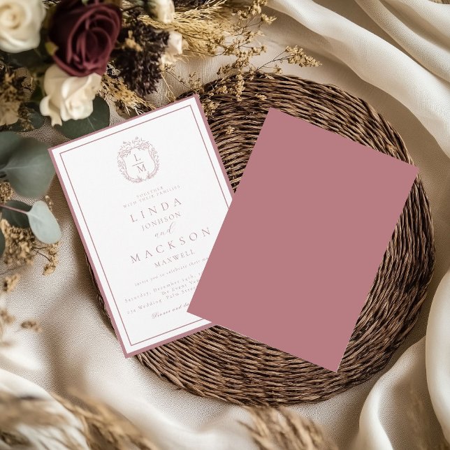 Dusty Rose botanical crest monogram wedding Inbjudningar (Skapare uppladdad)