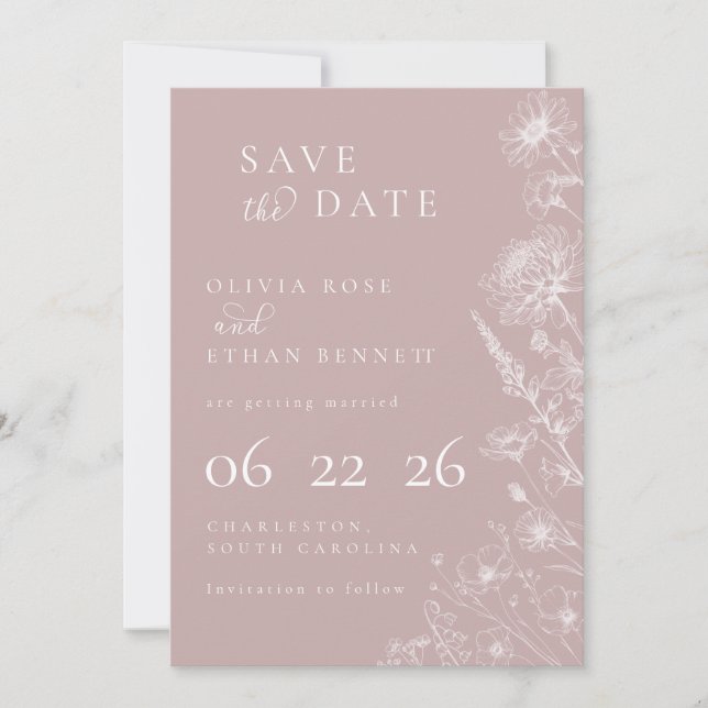 Dusty Rose Botanical Minimal Wedding Save the Date (Framsida)
