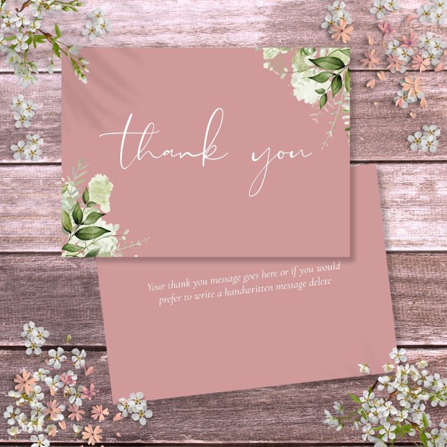 Dusty Rose Botanisk Grönska Elegant Skrift Tack Kort (Dusty Rose Botanical Greenery Elegant Script Thank You Card)