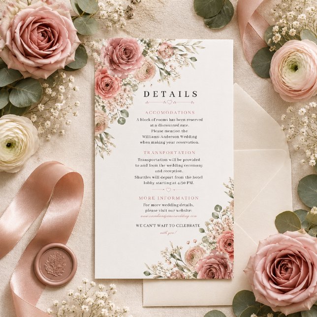 Dusty Rose Bröllopsdetaljkort OSA Kort (Elegant flat lay showcasing our Dusty Rose Romance Details Card on premium cardstock.)