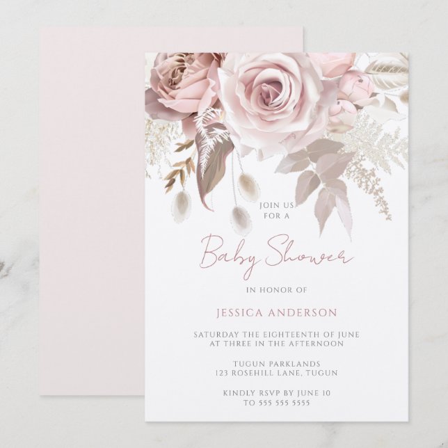 Dusty Rose Champagne Shimmer Rodnad Baby Shower Inbjudningar (Fram/baksida)