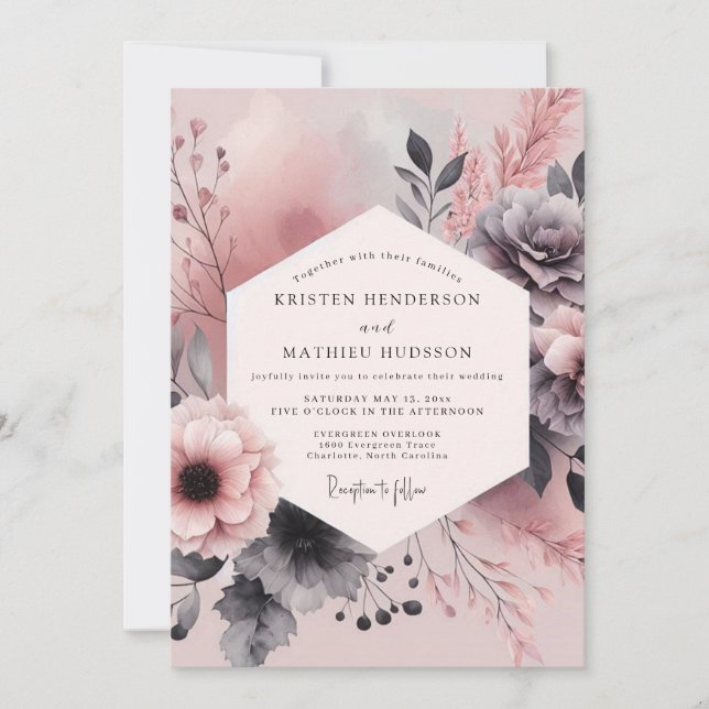 Dusty Rose Charcoal Bloom Wedding Inbjudningar (Framsida)