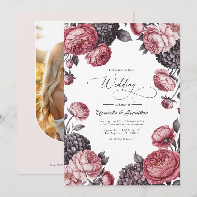 Dusty Rose & Charcoal Gray Floral Wedding Photo Inbjudningar (Fram/baksida)