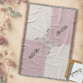 Dusty Rose Cottagecore Manuscript Woven Fringe Filt