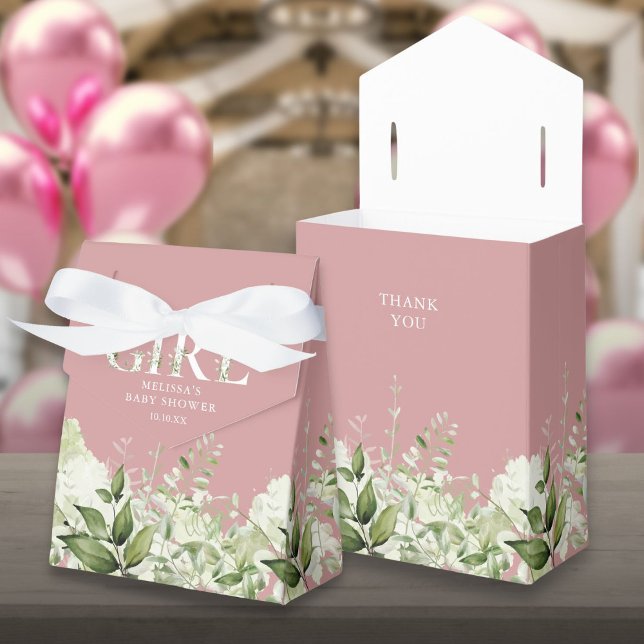Dusty Rose Det är en tjej Grönska Bebis-fest Presentaskar (Dusty Rose Its A Girl Greenery Baby Shower Favor Box)