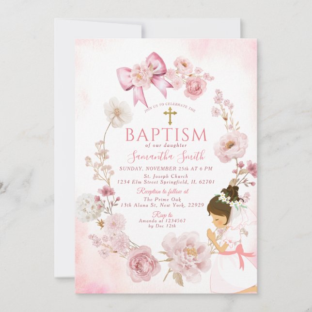 Dusty Rose Dreamy Floral Frame Cross Baptism Inbjudningar (Framsida)