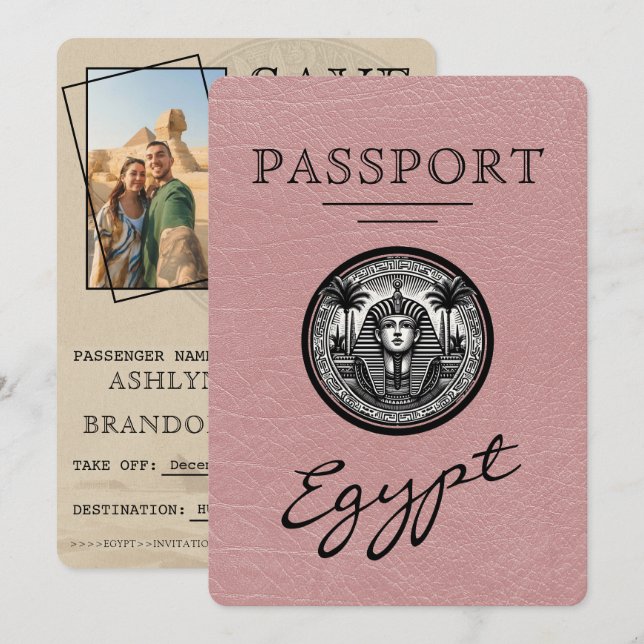 Dusty Rose Egypt Passport Wedding Save the Date Spara Datumet (Fram/baksida)