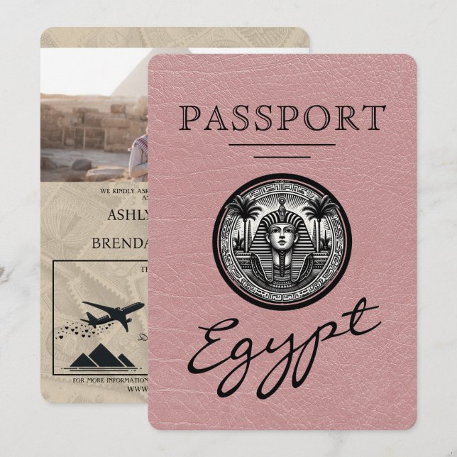 Dusty Rose Egypten Pass Bröllopsinbjudan Inbjudningar (Fram/baksida)