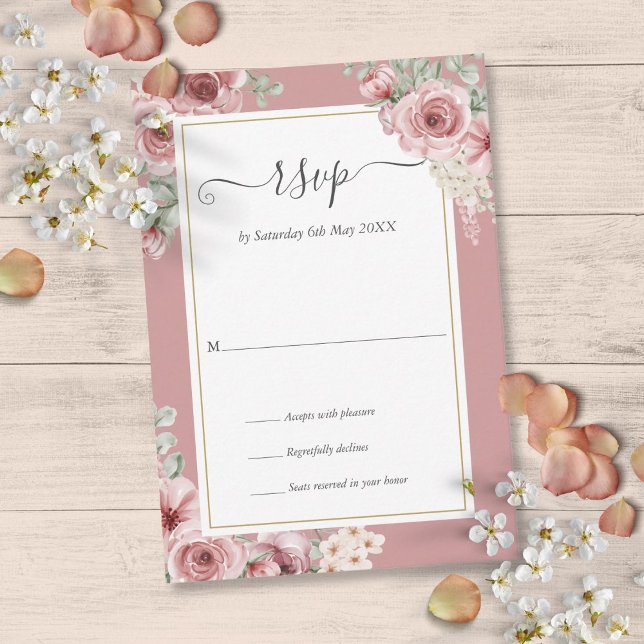 Dusty Rose Elegant Blommig Skrift OSA Kort (Dusty Rose Elegant Floral Script RSVP Card)