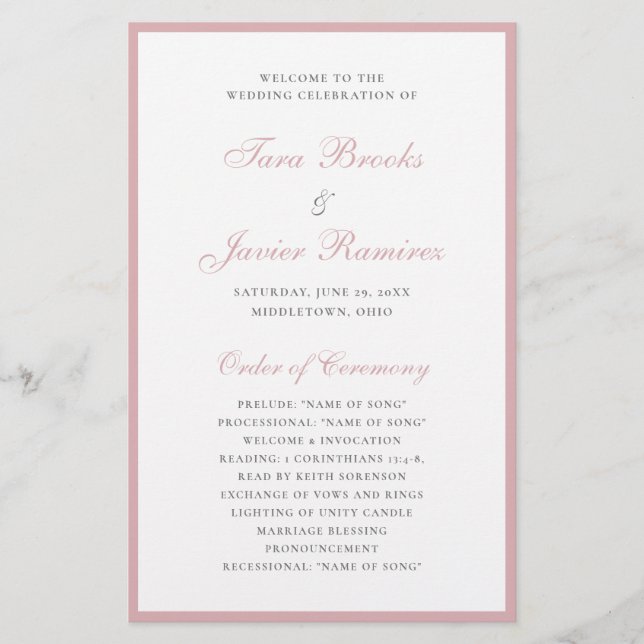 Dusty Rose Elegant Formell Budget Bröllopsprogram (Framsidan)