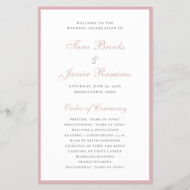 Dusty Rose Elegant Formell Budget Bröllopsprogram (Framsidan)