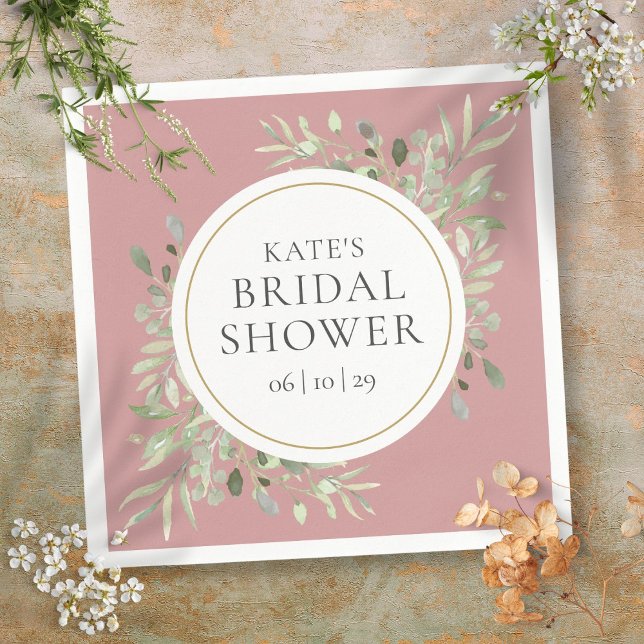 Dusty Rose Elegant Guldgrönska Bröllopsdusch Pappersservett (Dusty Rose Elegant Gold Greenery Bridal Shower Napkins)