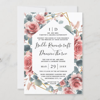 Dusty Rose Elegant Rosa Mauve Guld Blommig Bröllop Inbjudningar