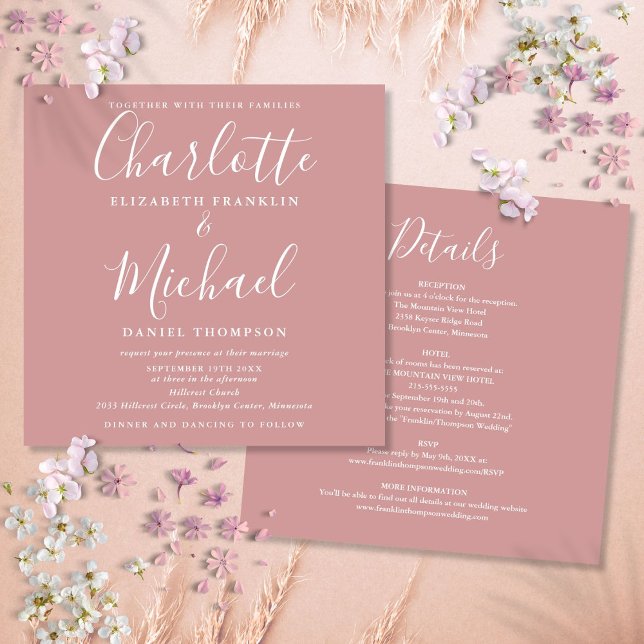 Dusty Rose Elegant Skrift Allt-i-ett Bröllop Inbjudningar (Dusty Rose Elegant Script All In One Wedding Invitation)