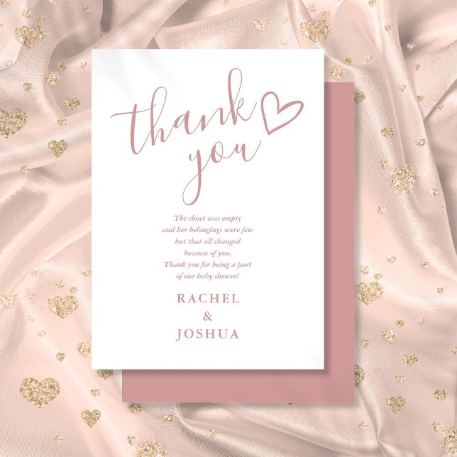 Dusty Rose Flickig Bebis Duscha Manus Hjärta Dikt Tack Kort (Dusty Rose Girl Baby Shower Script Heart Poem Thank You Card)