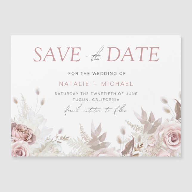 Dusty Rose Floral Blush Wedding Save The Date Magnetisk Inbjudningskort (Framsida)