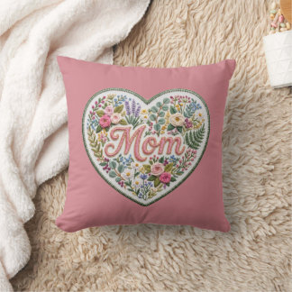 Dusty Rose Floral Faux Embroidery Heart Mom Kudde