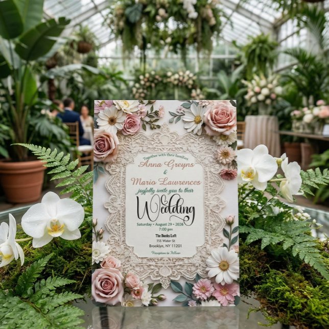 Dusty Rose Floral Faux Lace Photo Wedding Inbjudningar (Skapare uppladdad)