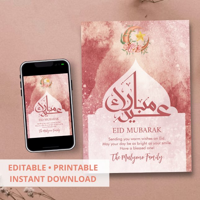 Dusty Rose Floral Moon Eid Mubarak Card Julkort (Skapare uppladdad)