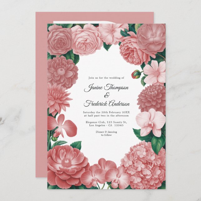 Dusty Rose Floral Photo and QR Code Wedding Inbjudningar (Fram/baksida)