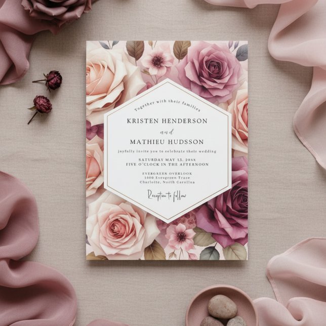 Dusty Rose Floral Romance Wedding Inbjudningar (Skapare uppladdad)