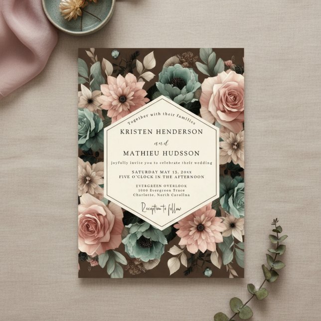 Dusty Rose Floral Romance Wedding Inbjudningar (Skapare uppladdad)