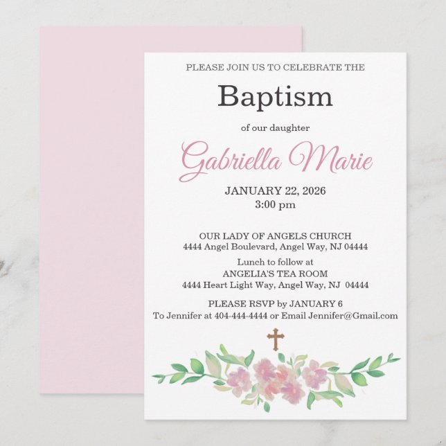 Dusty Rose Floral Watercolor Cross Baptism Inbjudningar (Fram/baksida)